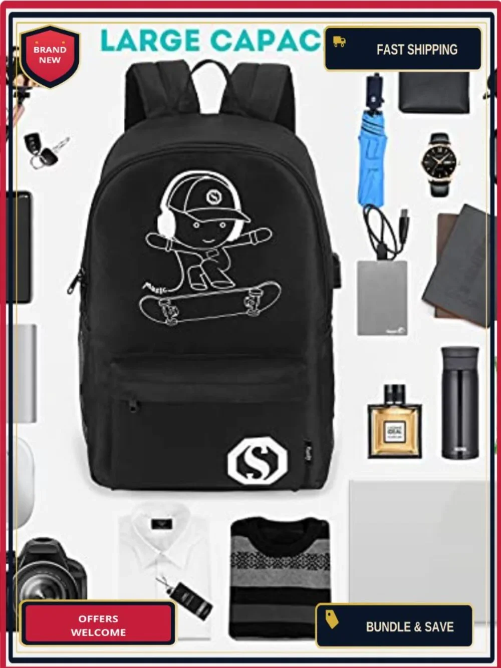 Anime Luminous School Backpack with USB Port, Anti-Theft Lock, Sling Bag &